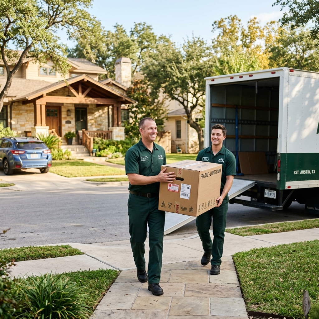 Professional moving team in Austin, TX carefully loading household items into a moving truck